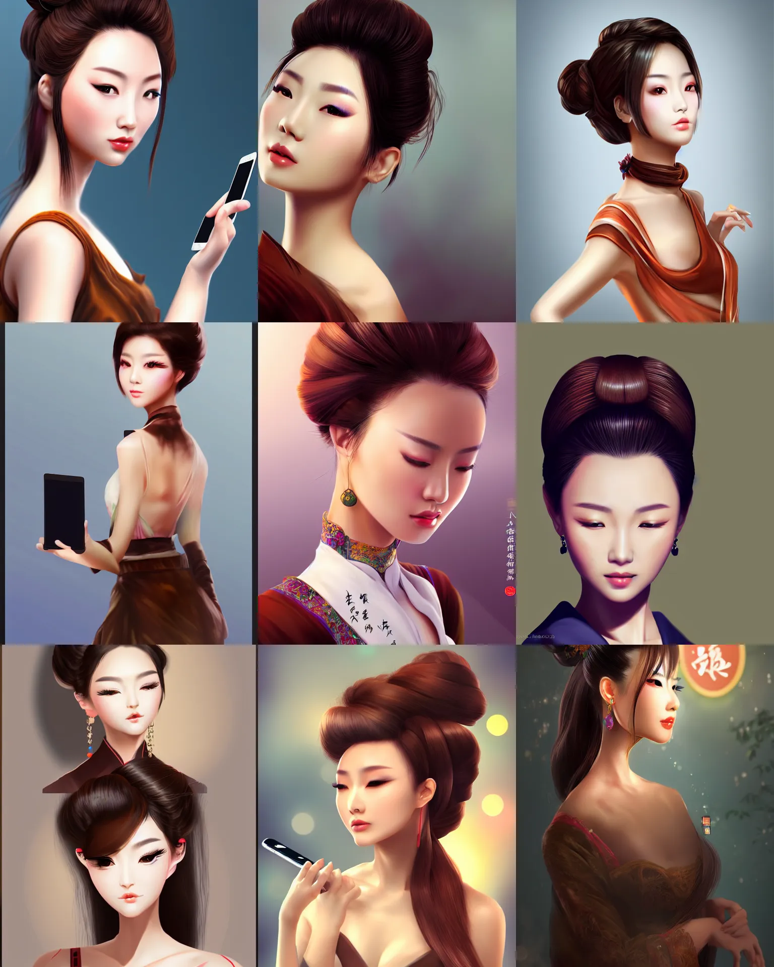 Prompt: chinese beauty with brown updo using mobile phone facing the computer display, full body, bokeh, artstation