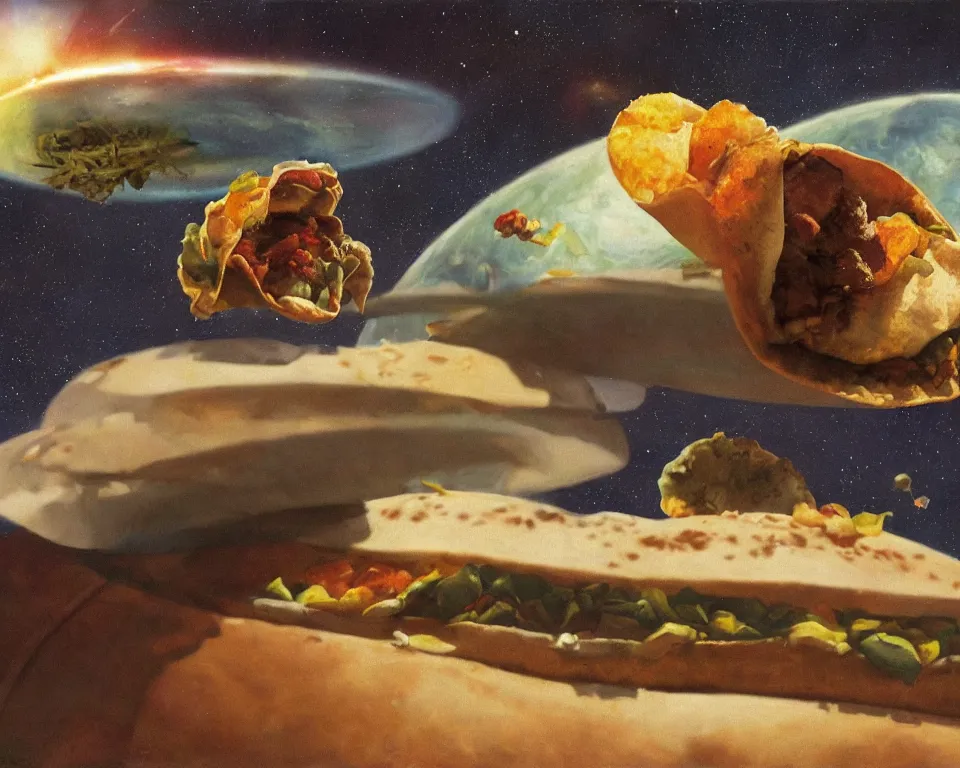 Prompt: an achingly beautiful oil painting of a derelict Taco Bell orbiting planet earth by Raphael and Hopper.