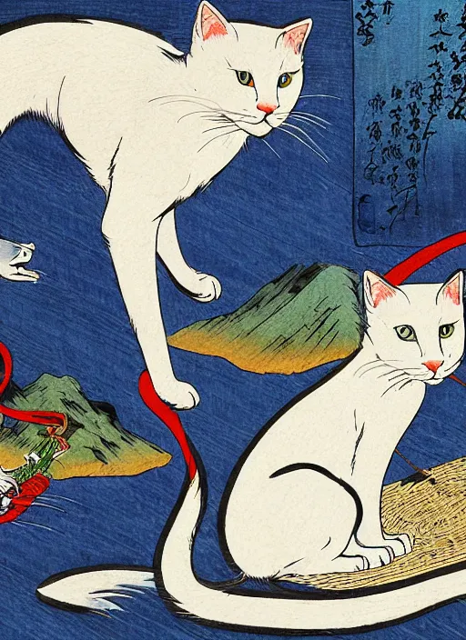 Image similar to whitecat with 2 baby white cats of utagawa hiroshige, digital painting 4 k uhd image, highly detailed