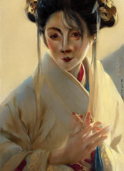 Image similar to detailed portrait of fan bingbing wearing hanfu, natural light, painting by gaston bussiere, craig mullins, j. c. leyendecker