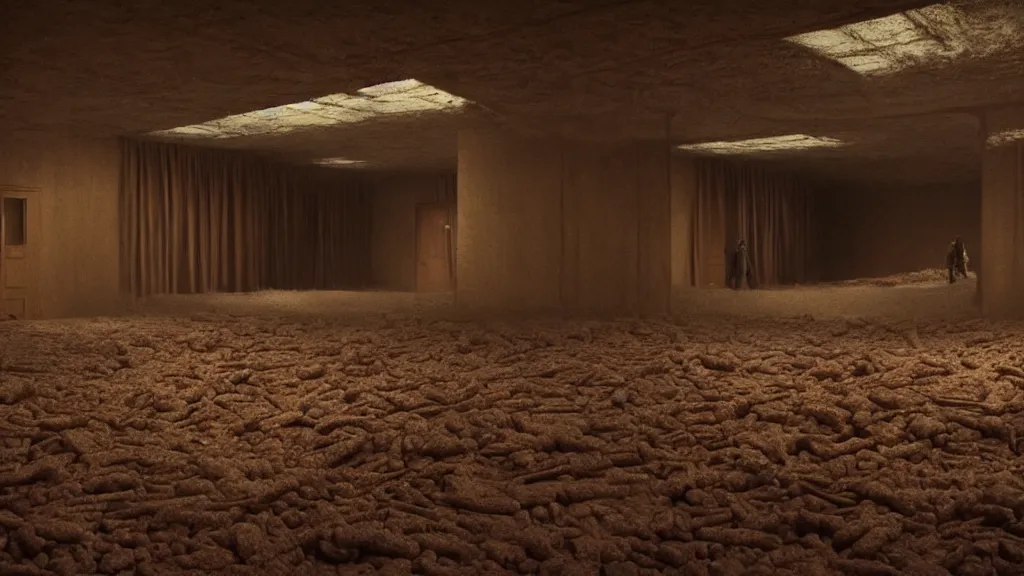 Image similar to inside of a room at Willy Wonka’s chocolate factory where bodies are burnt, film still from the movie directed by Denis Villeneuve with art direction by Zdzisław Beksiński, wide lens