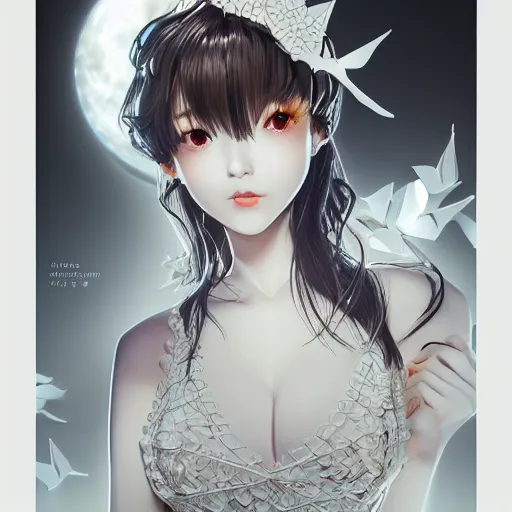 Prompt: the portrait of an absurdly beautiful, elegant, fashionable gravure idol made of white paper origami cranes, hyperrealistic anime illustration by kim jung gi, iralki nadar, extremely detailed intricate linework, reflective eyes, smooth, super sharp focus, bright colors, high contrast, matte, octopath traveler, unreal engine 5 highly rendered, global illumination, radiant light