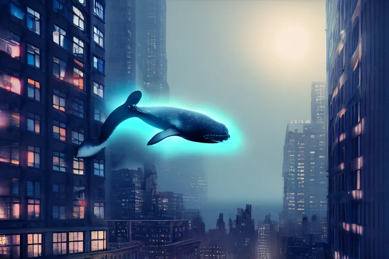 Prompt: whale flying over a building at night time, wearing fashion clothing, id magazine, hyperrealism, detailed textures, photorealistic, newyork city, ultra realistic, cinematic, intricate, cinematic light, unreal engine 5, octane render, david kostic, artgerm