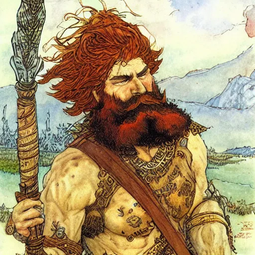 Image similar to a red bearded warrior, highly detailed, masterpiece, illustrated, art by rebecca guay