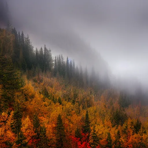 Prompt: mountain basin foggy autumn surreal fantasy