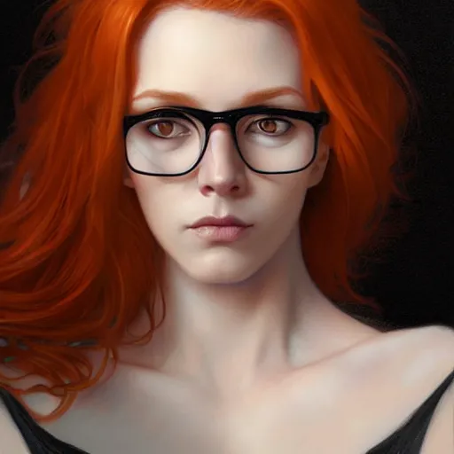 Prompt: portrait of a ginger woman with black glasses wearing a black shirt, realism, intricate, elegant, highly detailed, digital painting, artstation, concept art, matte, sharp focus, illustration, art by artgerm and greg rutkowski and alphonse mucha