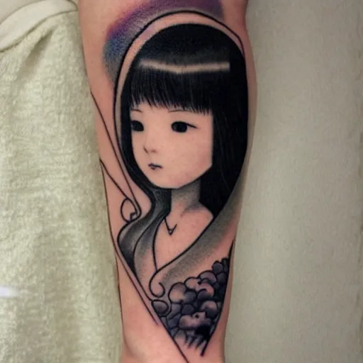 Image similar to beautiful thin wan korean angelic goddess in the style of fernand khnopff and hayao miyazaki, tattoo on arm, detailed beautiful tattoo