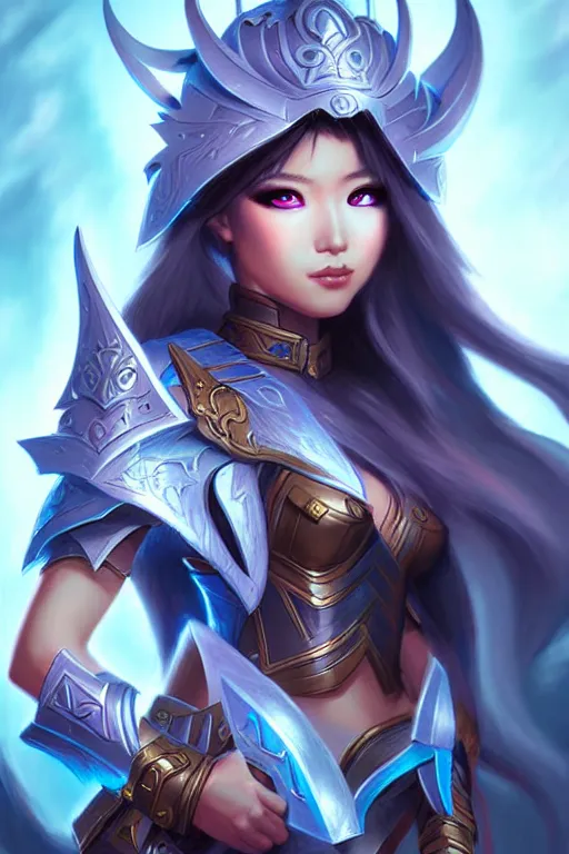 Image similar to young sakimi chan, fantasy armor, detailed face, dynamic lighting, tony sart