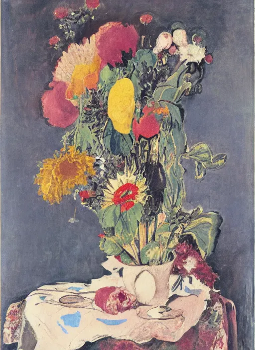 Image similar to a surreal painting of a breakfast still life, vase of flowers, by George Baselitz, symbolist, soft colors, dramatic lighting, smooth, sharp focus, extremely detailed, textured, aesthetically pleasing composition