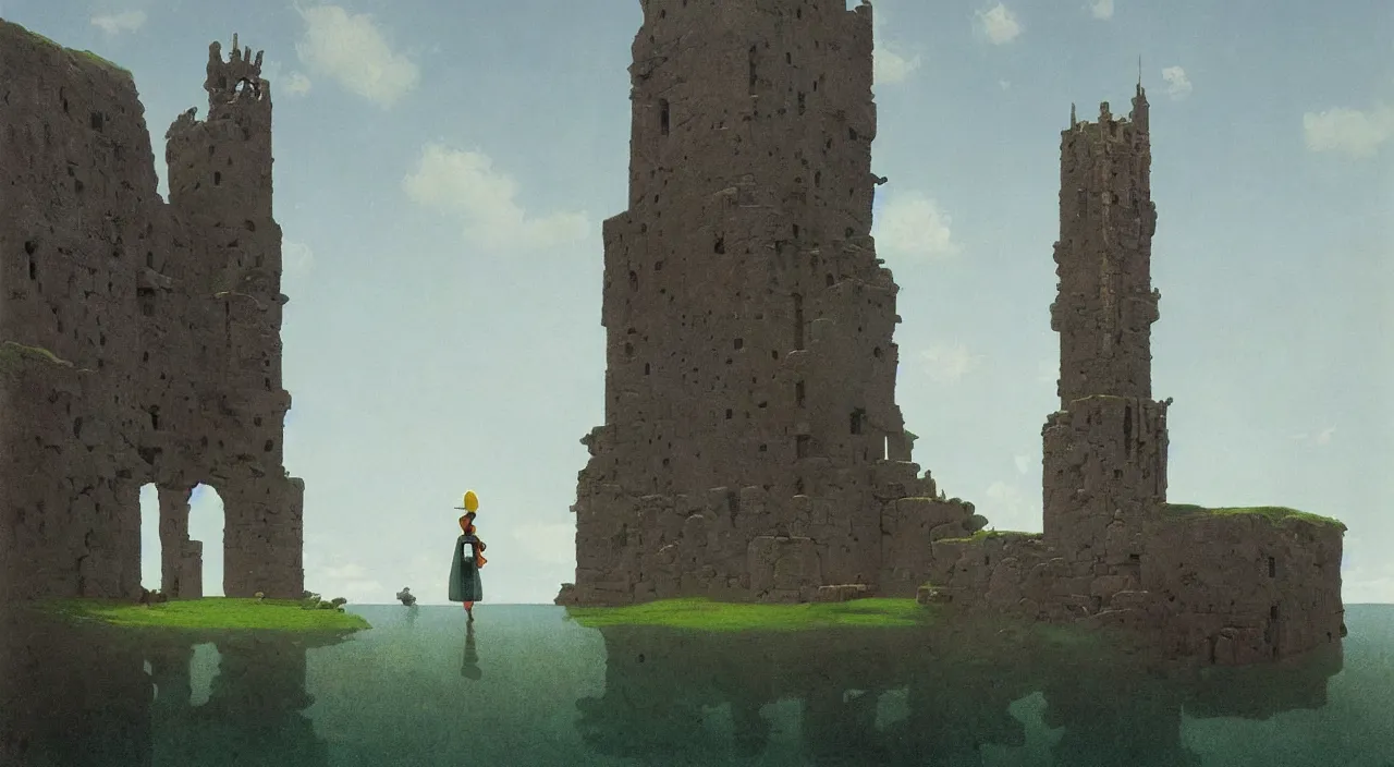 Image similar to single flooded simple ancient! cursed stone tower, very coherent and colorful high contrast!! masterpiece by rene magritte simon stalenhag carl spitzweg syd mead norman rockwell edward hopper james gilleard, surrealism!, minimalist, dark shadows, sunny day, hard lighting