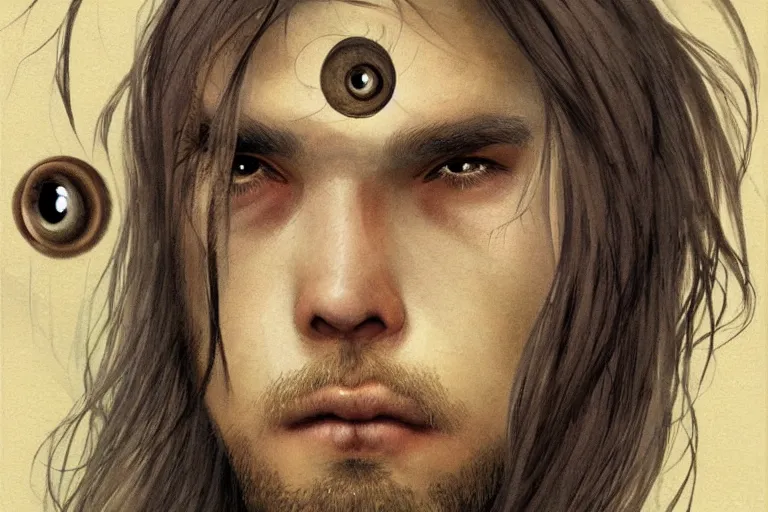 Image similar to man face, large round eyes, concept art, fantasy illustration, by tran nguyen and wylie beckert