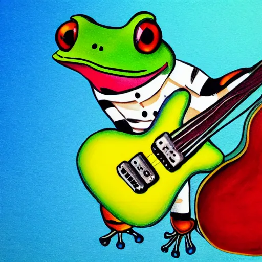 Image similar to frog playing on guitar, blue background, photorealistic