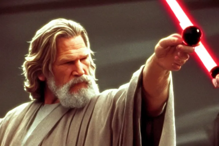 Image similar to Jeff Bridges from The Big Lebowski as a Jedi bowling in Star Wars