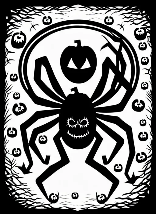 Prompt: creepy black spider with an evil looking pumpkin head, spooky halloween theme, illustration line art style