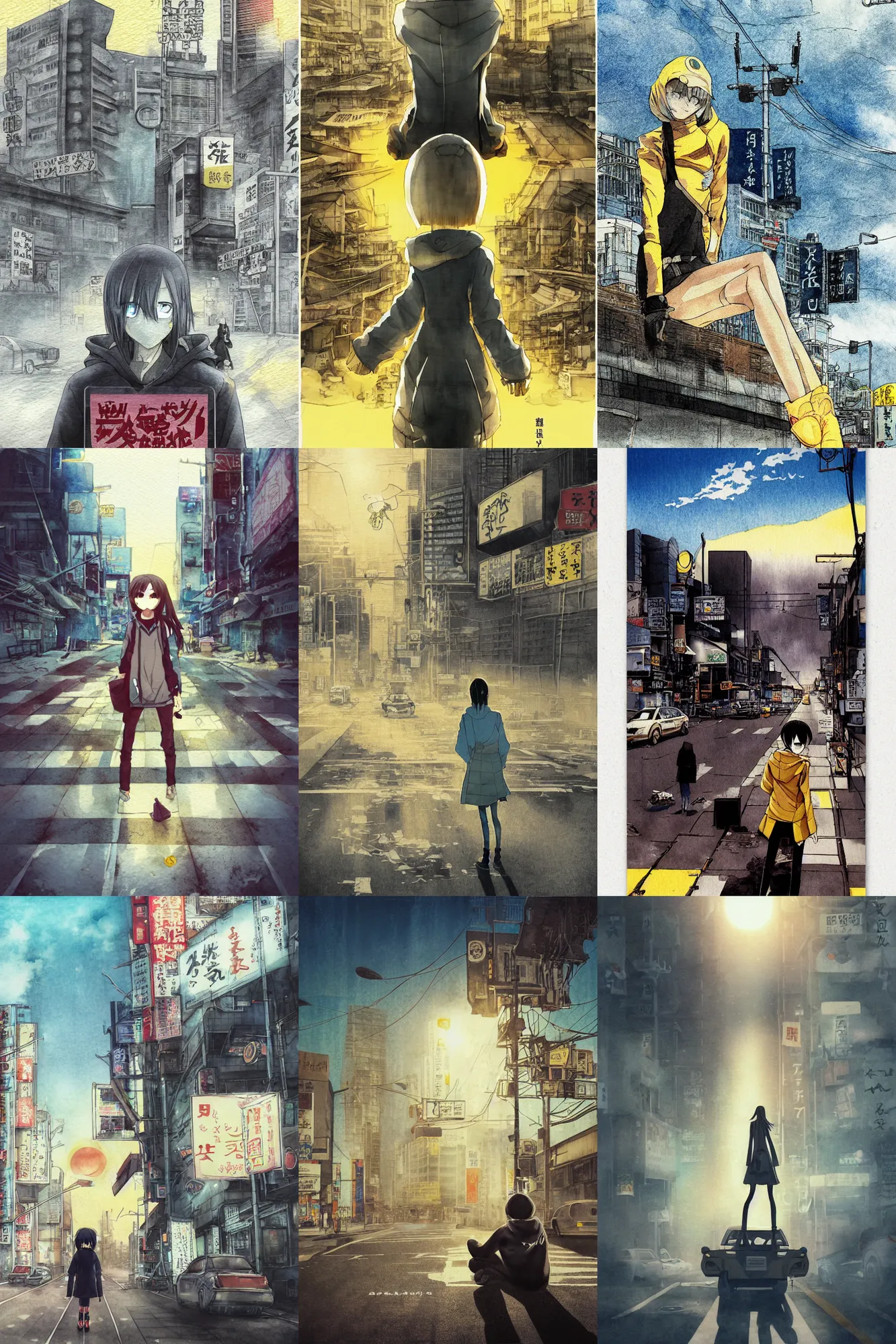 Prompt: title kanji, anime, tatsuyuki tanaka movie poster, pale yellow sky, backlit, crosswalk, shinjuku, koji morimoto, masamune shirow,fish eye, watercolor, junk yard, dry, foggy, colossal robot, bright sun bleached ground, paper texture, distant shot of hoody girl sitting in deserted dusty shinjuku junk town, old pawn shop, tangled overhead wires, deep 3 point perspective, telephone pole, dusty, dynamic camera angle