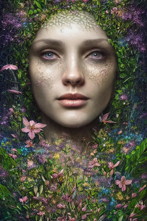 Image similar to a stunning ultra detailed fantasy fine art closeup photo of trinx ebros surrounded by blooming floral foliage, fireflies!!, by tomasz alen kopera, igor morski and anna dittman, misty night, very detailed, deep depth of field, 8 5 mm lens, soft lighting, artstation, highly coherent, 8 k