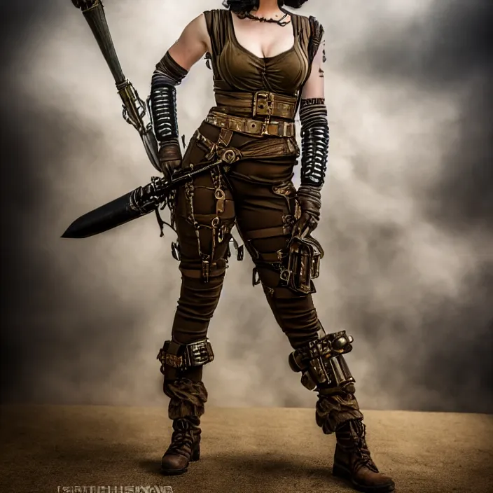 Image similar to full length photo of a very beautiful female dieselpunk warrior, 8 k, hdr, smooth, sharp focus, high resolution, award - winning photo