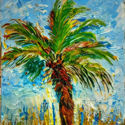 Prompt: oil paint impasto relief, painting of a palm tree in italy, multi layered thick brush marks, some splattered paint, in the style of monet and frank auerbach