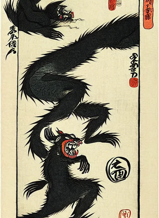 Image similar to a werewolf as a yokai illustrated by kawanabe kyosai and toriyama sekien