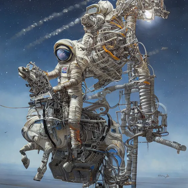 Prompt: astronaut carrying horse on his shoulders up, industrial sci - fi, by mandy jurgens, ernst haeckel, james jean