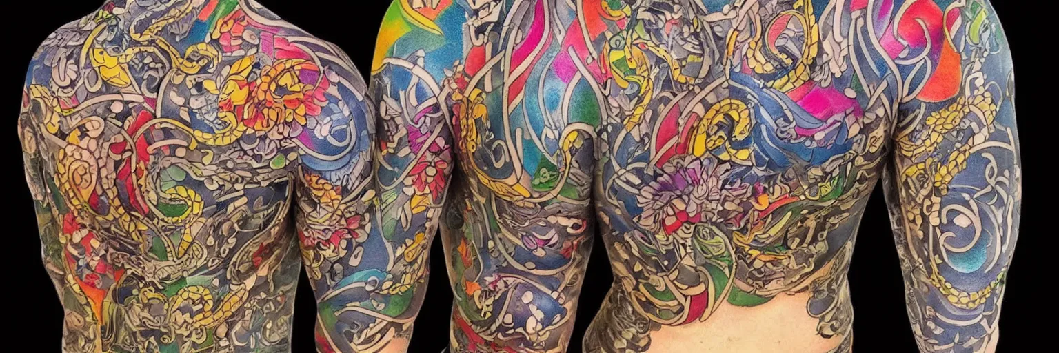 Prompt: intricate colorful tattoos design pattern for yakuzas, on a skin canvas