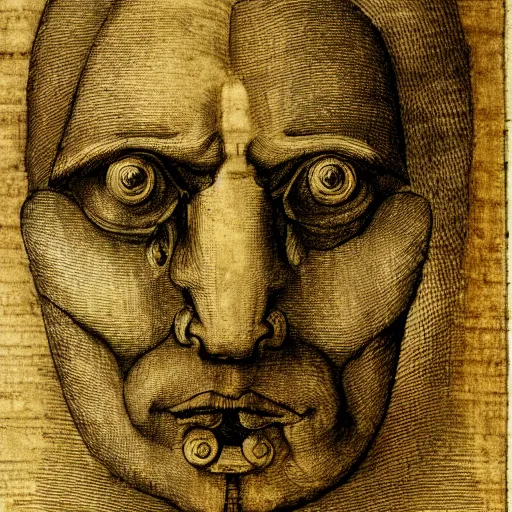 Image similar to head with four faces creature, drawn by da vinci