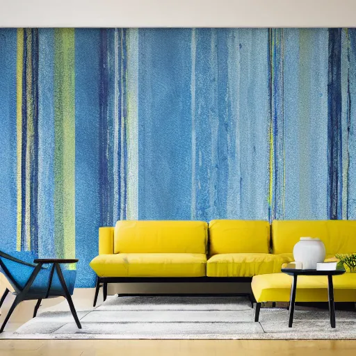 Image similar to interior of a living room, modern minimal design, abstract painting as wallpaper pattern, blue, yellow, photorealist, 4 k