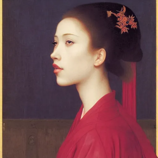 Prompt: side view portrait of young scarlet johansson in japanese costume by jan van eyck, tom bagshaw, jean delville, william bouguereau, albrecht durer, symbolist painting, mysterious mood