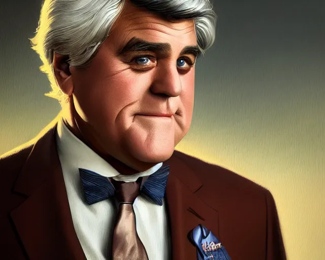 Image similar to close up of jay leno wearing a brown suit and necktie, focus, d & d, intricate, elegant, highly detailed, digital painting, artstation, concept art, matte, sharp focus, illustration, hearthstone, art by artgerm and greg rutkowski and alphonse mucha