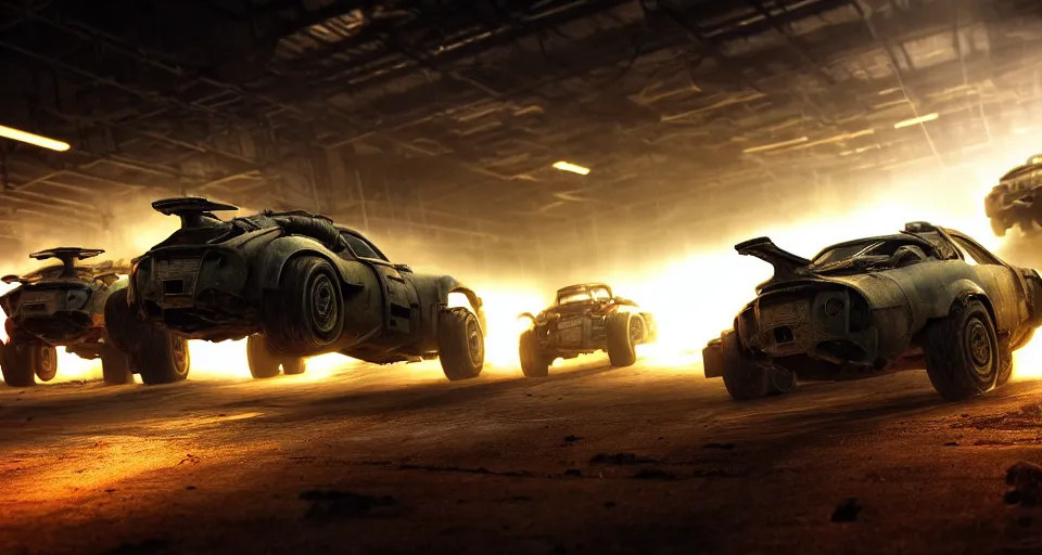 Prompt: macro closeup photo of halo warthogs being chased in a post apocalyptic warehouse factory at night, smoke, dust, embers, mad max, action, rocket league, volumetric lighting, hdr, need for speed, gta 5, ridley scott, syd mead, craig mullins, cinematic, octane