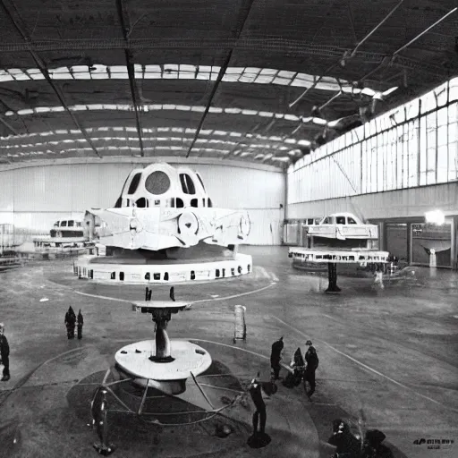 Image similar to flying saucer, ufo, alien ship inside a hanger, old photo, vintage photo, grainy, realistic, real photo, men in hazmat suits standing around