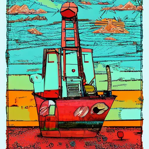 Image similar to an abandoned ship on the aral sea desert, in the style of daniel johnston and outsider art, 8 k, line brush, graduated colors, overlaid with cyrillic adverts