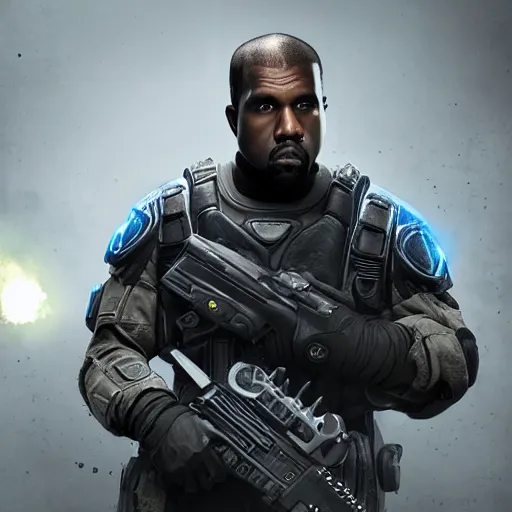 Prompt: kanye west as a ghostbuster!!! in ( gears of war battlefield 5 ), splash art, movie still, cinematic lighting, dramatic, octane render, long lens, shallow depth of field, bokeh, anamorphic lens flare, 8 k, hyper detailed, 3 5 mm film grain