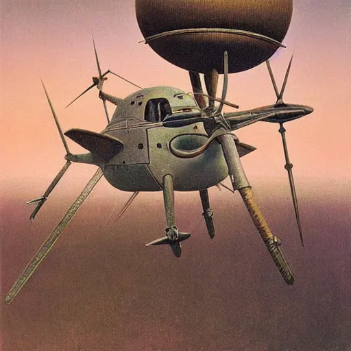 Image similar to a gyrocopter by Zdzisław Beksiński, oil on canvas