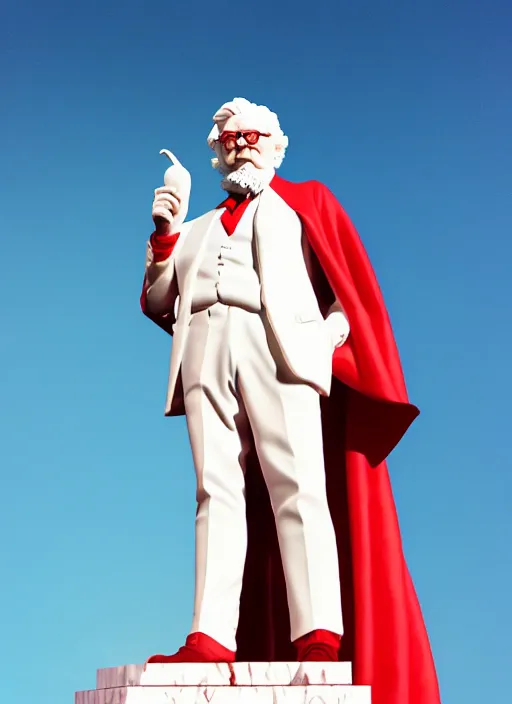 Image similar to colonel sanders as marble statue, in red background, soft red texture, red realistic 3 d render, high red lights, 4 k, high detailed photography cape, 5 0 mm lens, rich blue colors, smooth gradients, depth of field, cinematic