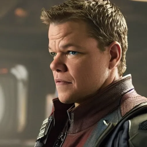 Prompt: film still of Matt Damon as Star Lord in Guardians of the galaxy