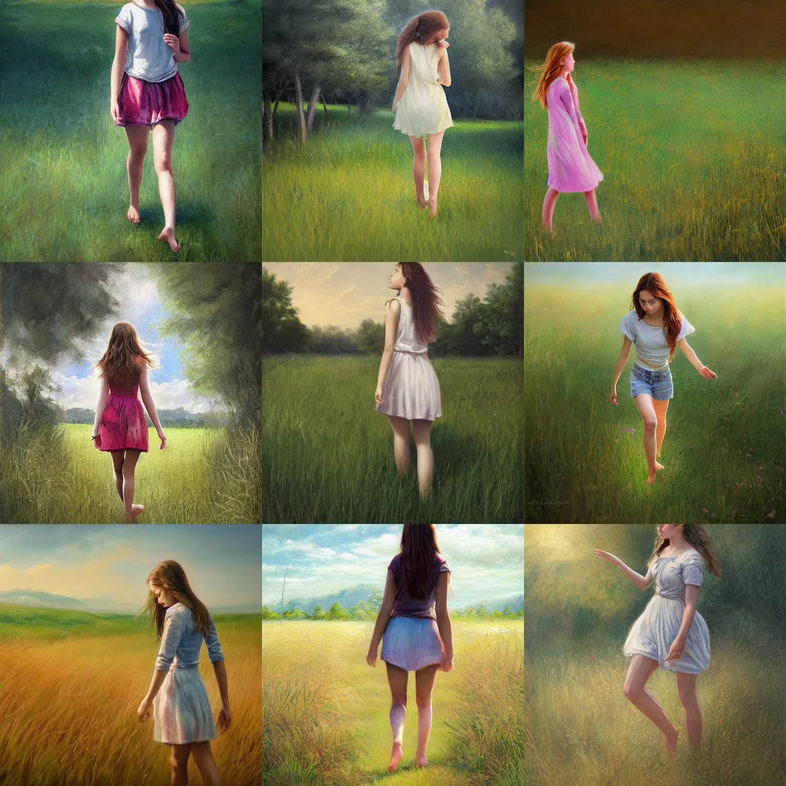 Prompt: a teen girl walking barefoot in the grass, realistic painting, classical painting, high definition, digital art, matte painting, very detailed, realistic