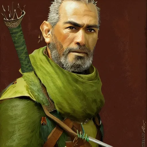 Prompt: a medieval hunter man with japanese ethnicity and stubble, chartreuse color scheme, fantasy character portrait by craig mullins