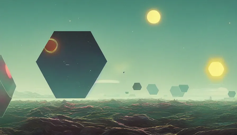 Prompt: hexagon blocking the sun in space, planet earth in foreground, simon stalenhag