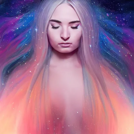 Prompt: an epic cinematic ethereal portrait made of stardust of kim petras with her eyes closed as part of the fabric of the universe and existence, galaxies, stars, nebulas, artstation trending, visionary art, oil painting, cgsociety, instagram