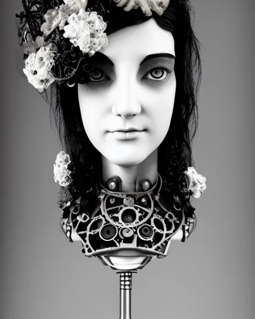 Image similar to black and white dreamy foggy smoky detailed profile face portrait, one silver steampunk eye biomechanical beautiful young female cyclope - cyborg - robot bust, body ribs meshes,, volumetric light, hibiscus flowers, rim light, by dora maar and cecile beaton, big gothic fashion pearl embroidered collar, 8 k