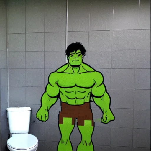 Prompt: the incredible hulk is in a local restroom and has to pee, but the toilet is occupied, pixel art