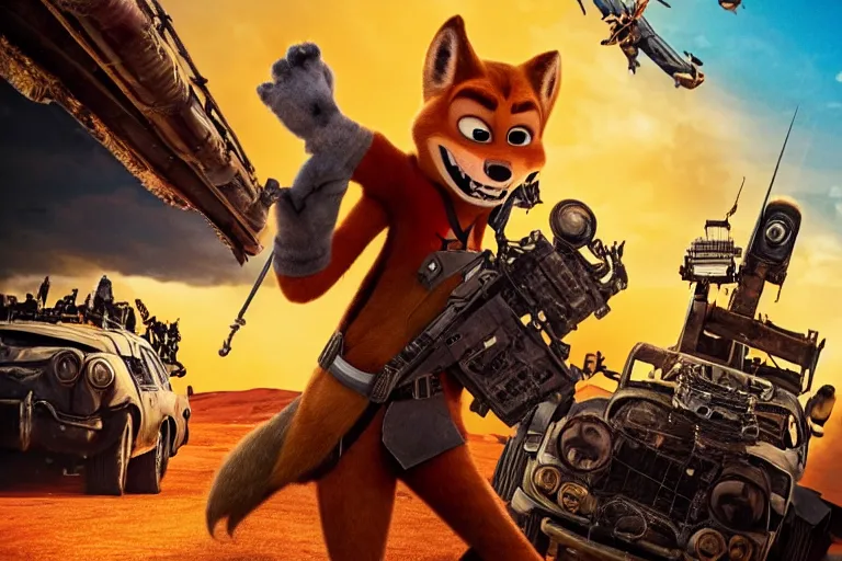 Image similar to nick wilde, heavily armed and armored facing down armageddon in a dark and gritty reboot from the makers of mad max : fury road : witness me