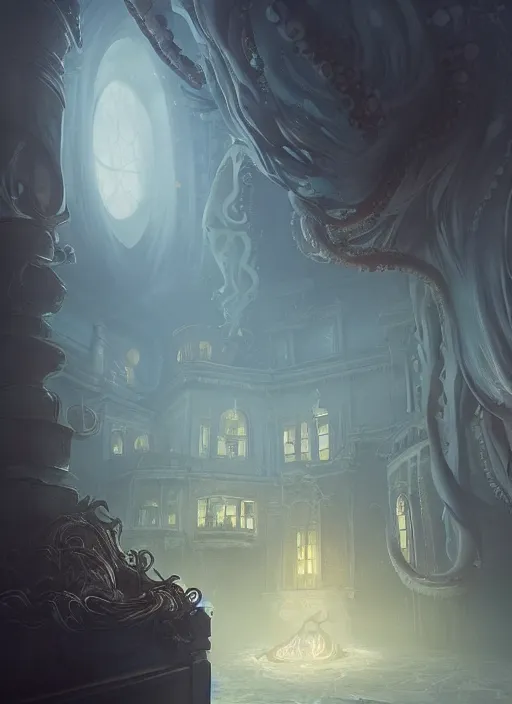 Image similar to giant tentacles destroying a glowing mansion in burning vapor dramatic lighting, faces floating, artstation, matte painting, aykut aydogdu, allen williams, artem chebokha