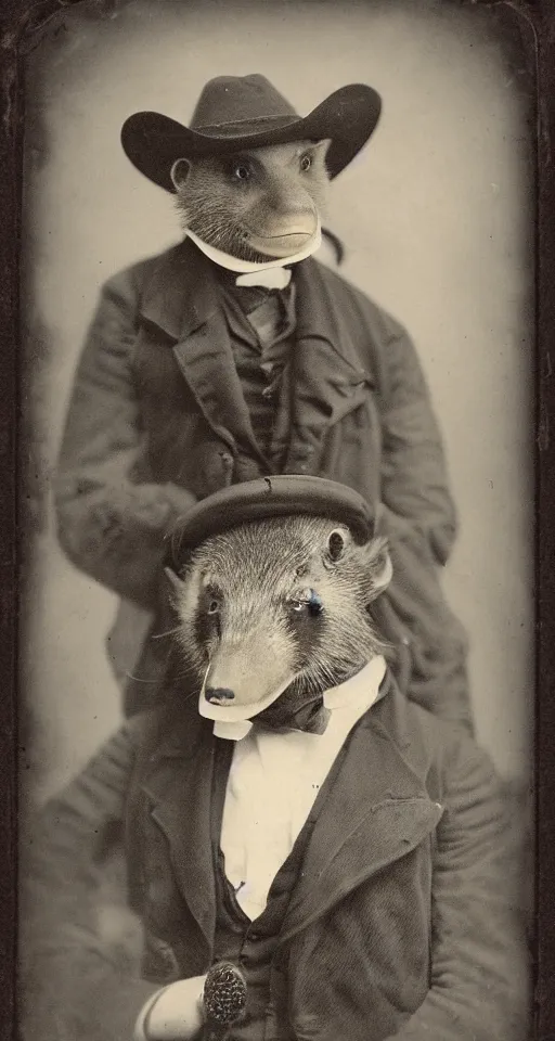 Image similar to daguerreotype portrait of a honey badger as watchmaker in suit and hat, stempunk vintage style, wet collodion, stempunk, sepia, monochrome black and white, artistic photo from late xix century, high resolution, dark atmosphere