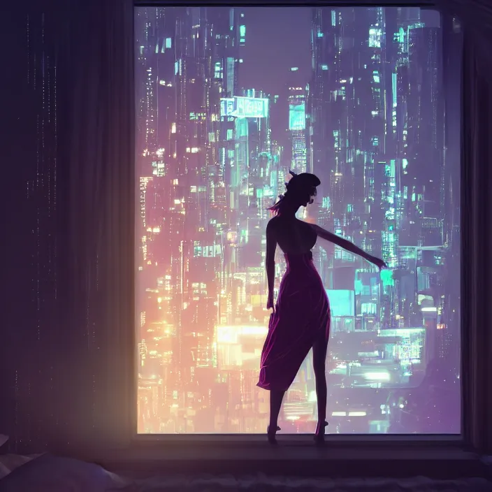 Prompt: dancing girl wearing a gown, short hair, bed room, cyberpunk city view out of the window, no lights in bedroom, bright neon lights from the city, elegant, highly detailed, artstation, soft lights, night, fog, sharp focus