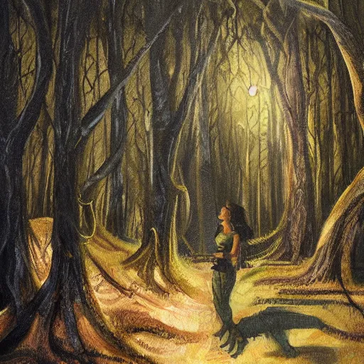 Prompt: detailed painting of me dreaming happy in a dark forest with dark angels