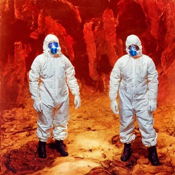 Prompt: two scientists wearing red hazmat suits standing in front of glowing crystals by frank frazetta