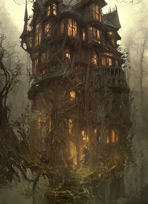 Image similar to haunted house in the middle of the woods, d & d, fantasy, intricate, elegant, highly detailed, digital painting, artstation, concept art, matte, sharp focus, illustration, hearthstone, art by artgerm, art by greg rutkowski, art by alphonse mucha