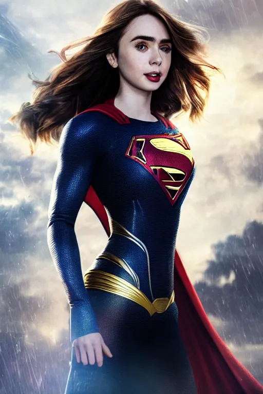 Image similar to a potrait of Lily Collins as Supergirl with man of steel suit style by Greg Rutkowski, Sung Choi, Mitchell Mohrhauser, Maciej Kuciara, Johnson Ting, Maxim Verehin, Peter Konig, 8k photorealistic, cinematic lighting, HD, high details, dramatic, trending on artstation, full body shot